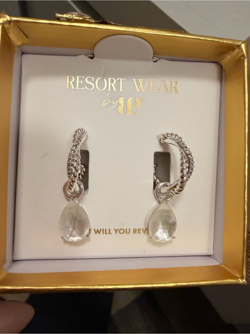 Bomb Party Resort Wear by BP Silver Crystal Teardrop Hoop Earrings NWT!